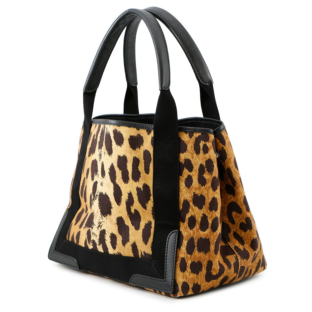 BALENCIAGA Navy Cabas Leopard Black/Brown339933 Canvas Leather Size S