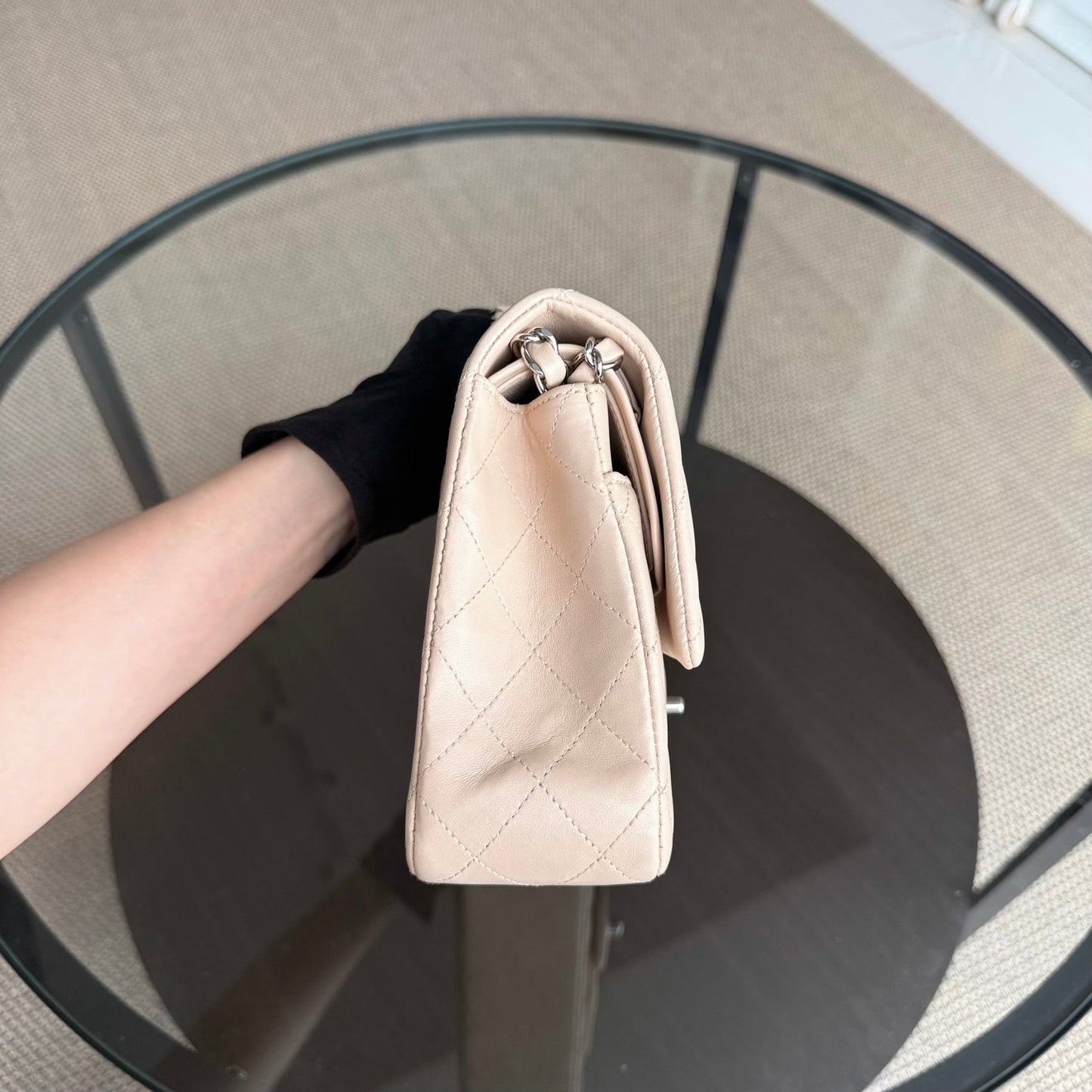 Chanel Classic Flap Medium - 25CM Quilted Lambskin Beige Silver Hardware Series 14