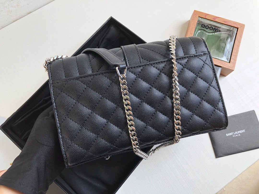 YSSL Envelope Small Bag In Mix Matelassé Grain De Poudre Black For Women 8in/21cm YSL 600195BOW921000