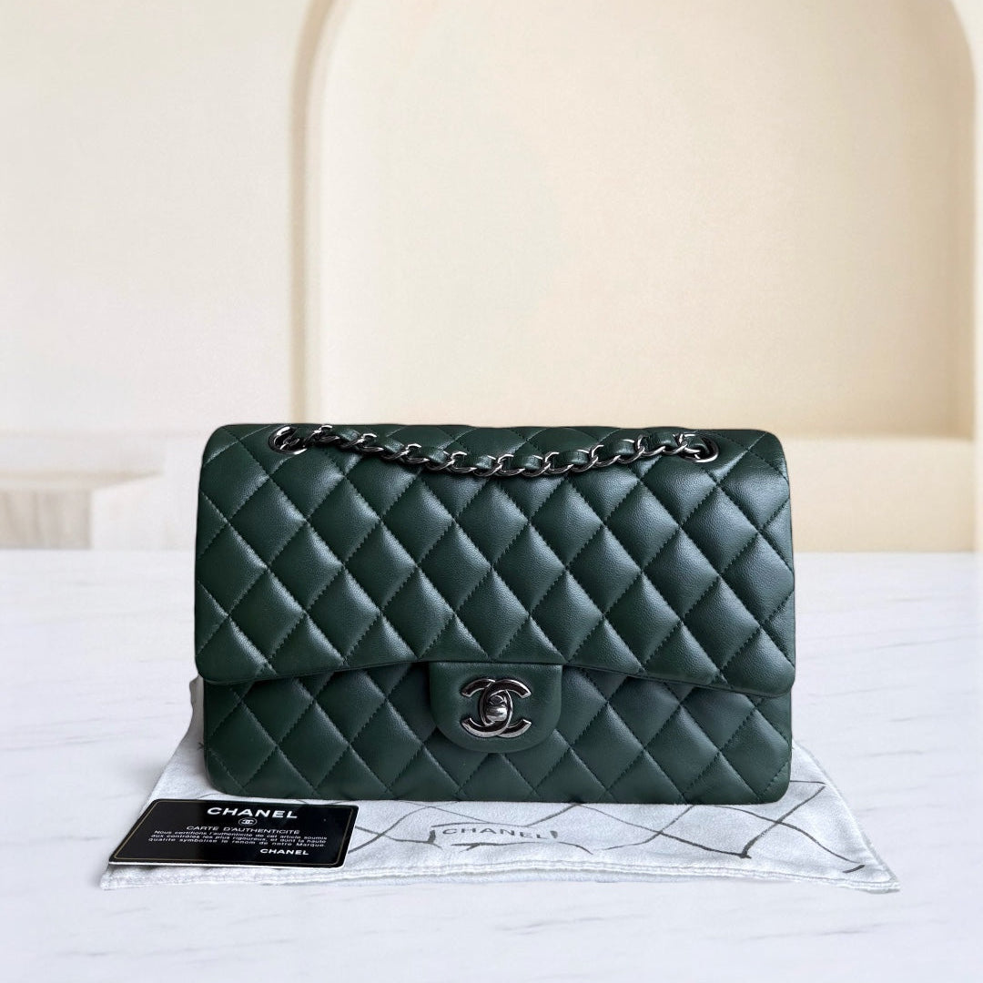 Chanel Classic Flap Medium - 25CM Quilted Lambskin Dark Green Silver Hardware Series 23