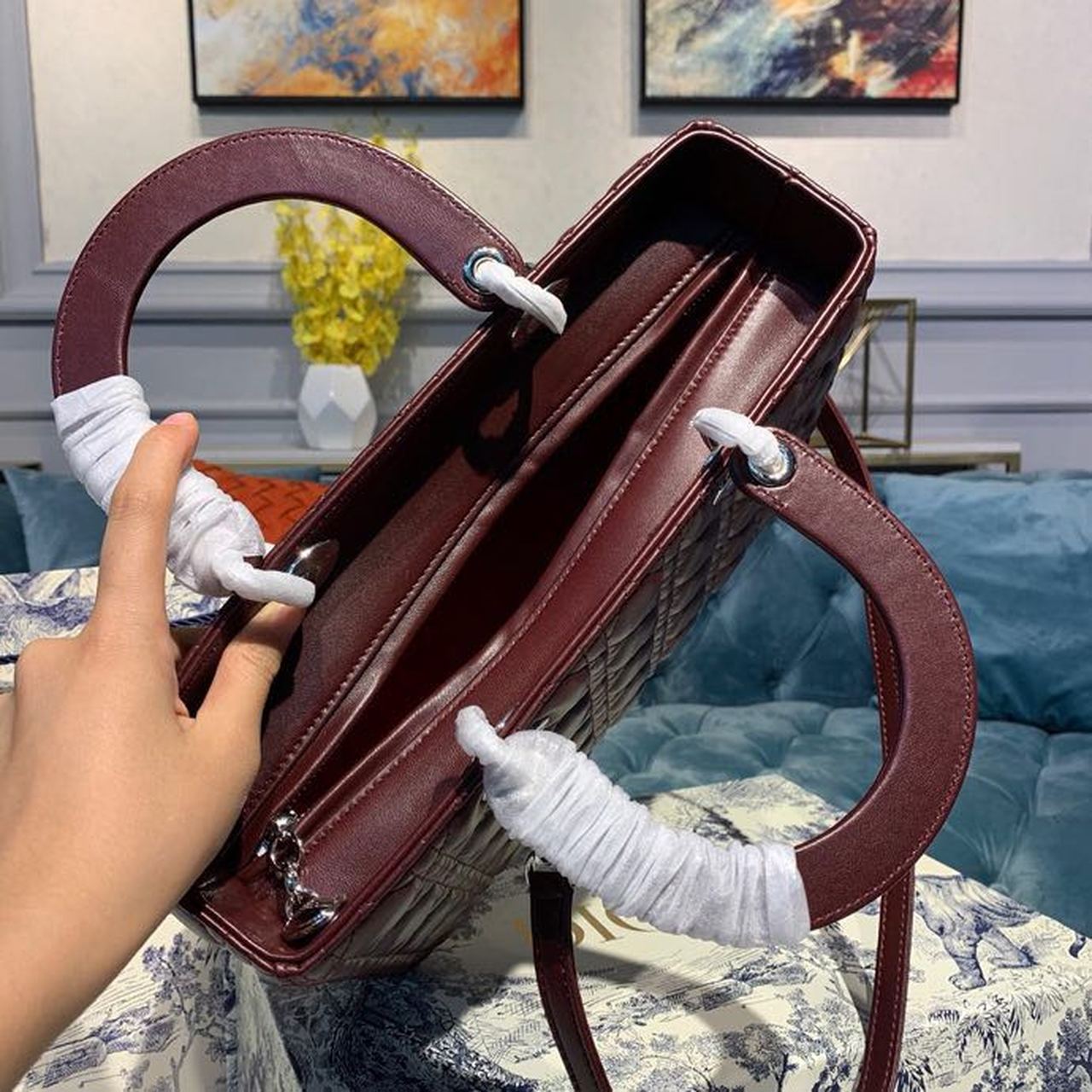 Top Quality Large Lady Bag Silver Hardware Burgundy Cannage For Women 12.5in/32cm CD