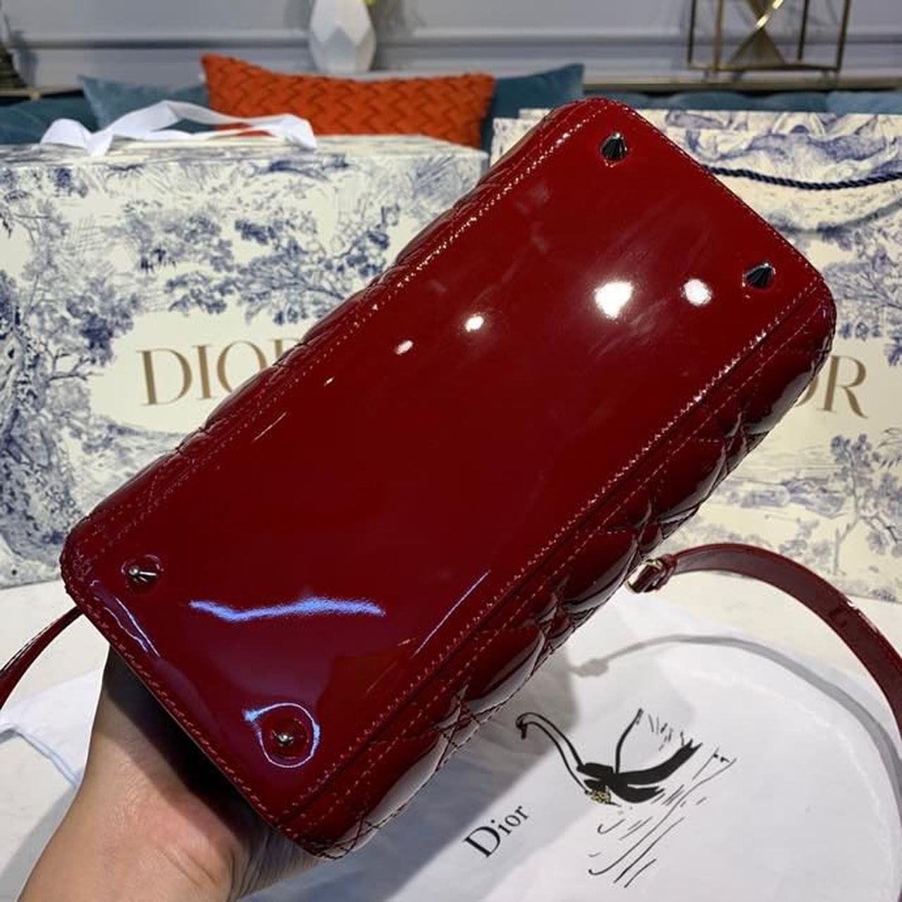 Top Quality MeTop Qualityum Lady Bag Gold Toned Hardware Burgundy Patent For Women 9.5in/24cm CD