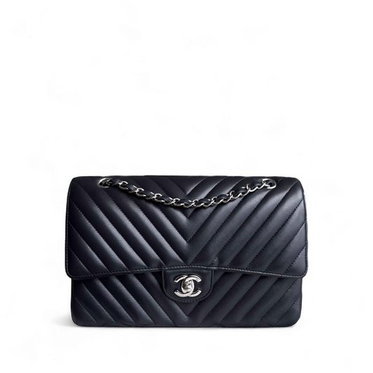 Chanel Classic Flap Medium - 25CM Chevron Lambskin Midnight Dark Blue Silver Hardware Series 25
