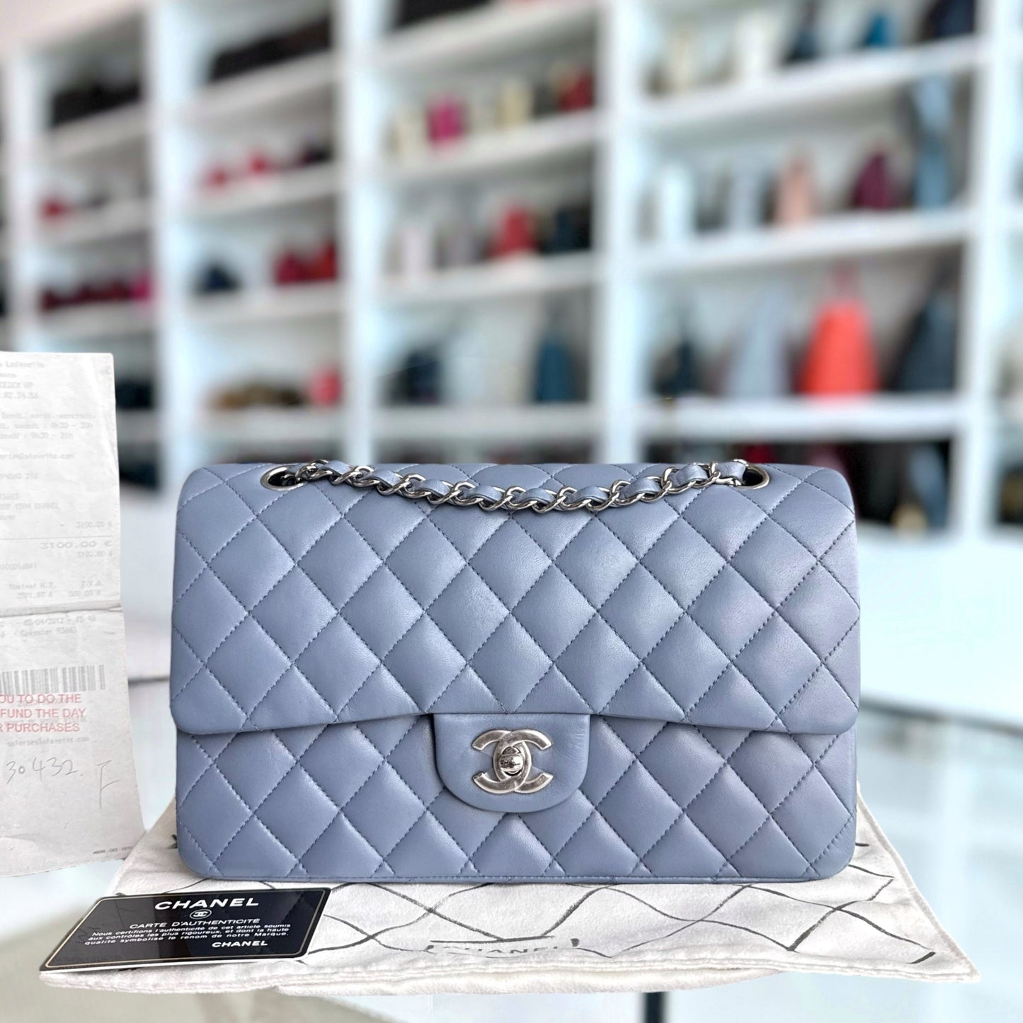 Chanel Classic Flap Medium - 25CM Lambskin Quilted Haze Blue Silver Hardware Series 16