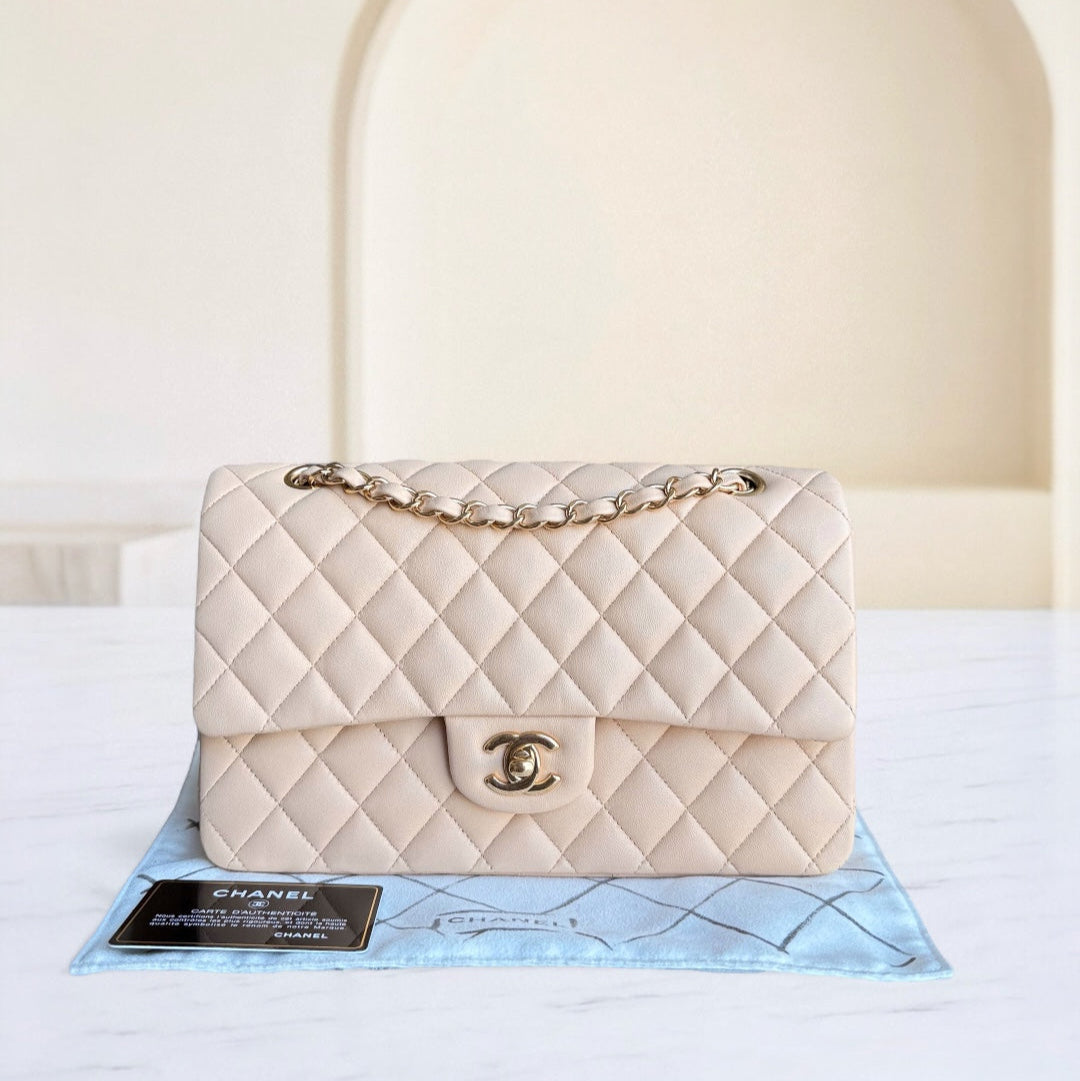 Chanel Classic Flap Medium - 25CM Quilted Lambskin Beige Gold Hardware Series 19