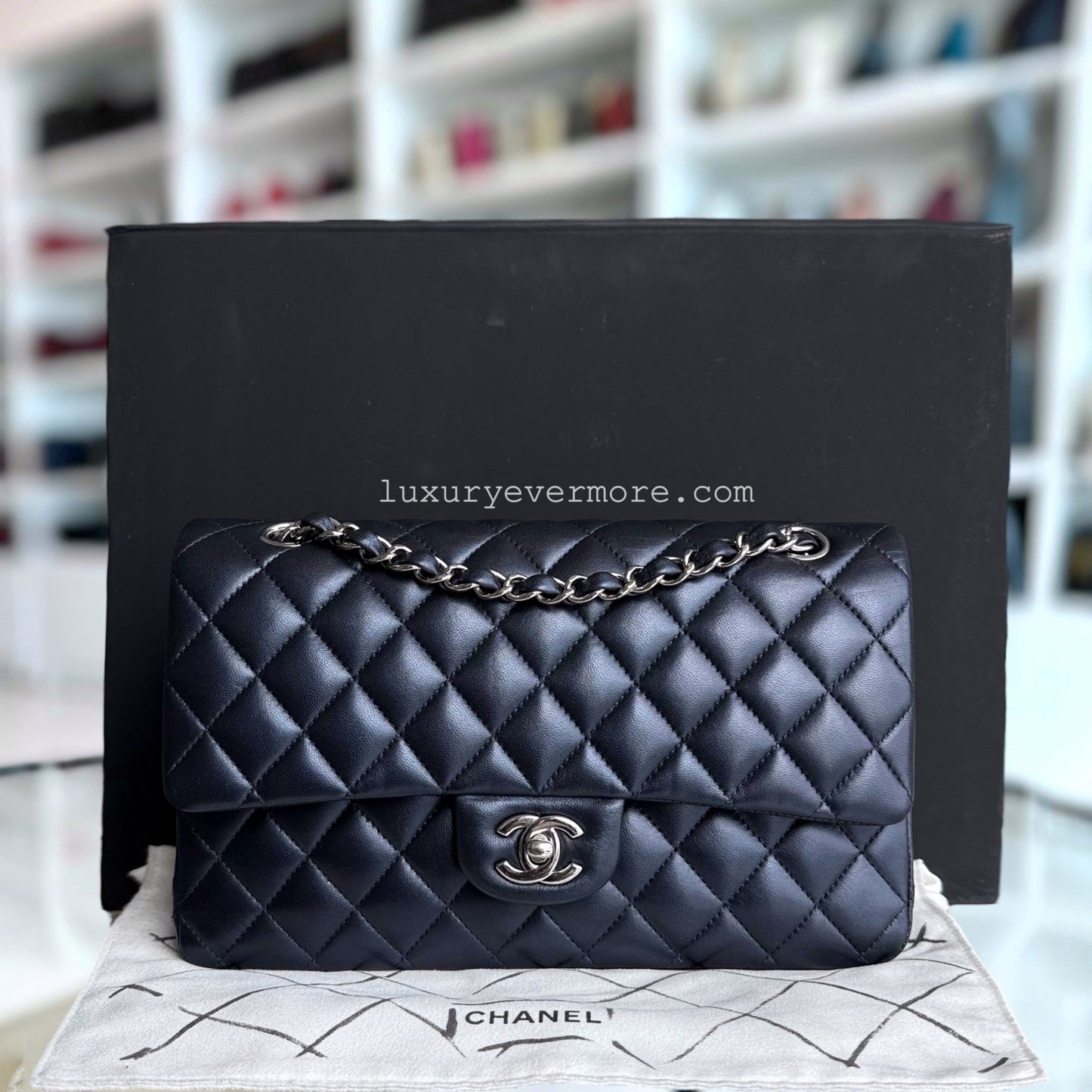 Chanel Classic Flap Medium - 25CM Quilted Lambskin Iridescent Midnight Dark Blue Silver Hardware Series 24