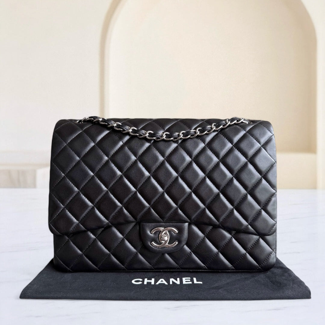 Chanel Classic Flap Maxi - Double Flap Quilted Lambskin Black Silver Hardware Series 15