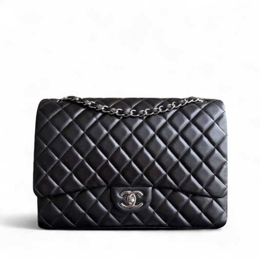 Chanel Classic Flap Maxi - Double Flap Quilted Lambskin Black Silver Hardware Series 15