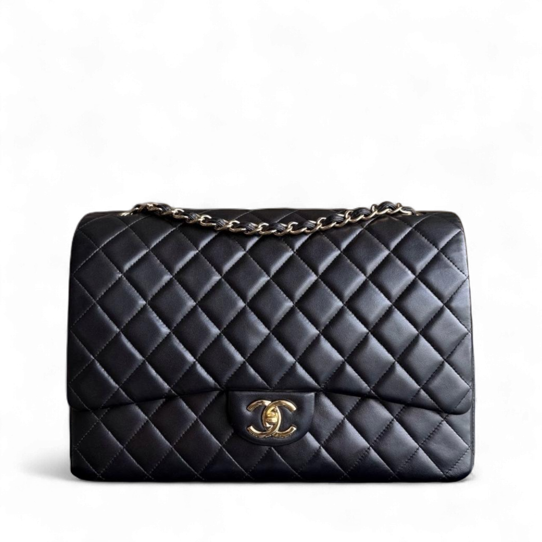 Chanel Classic Flap Maxi - Double Flap Quilted Lambskin Black Gold Hardware Series 19