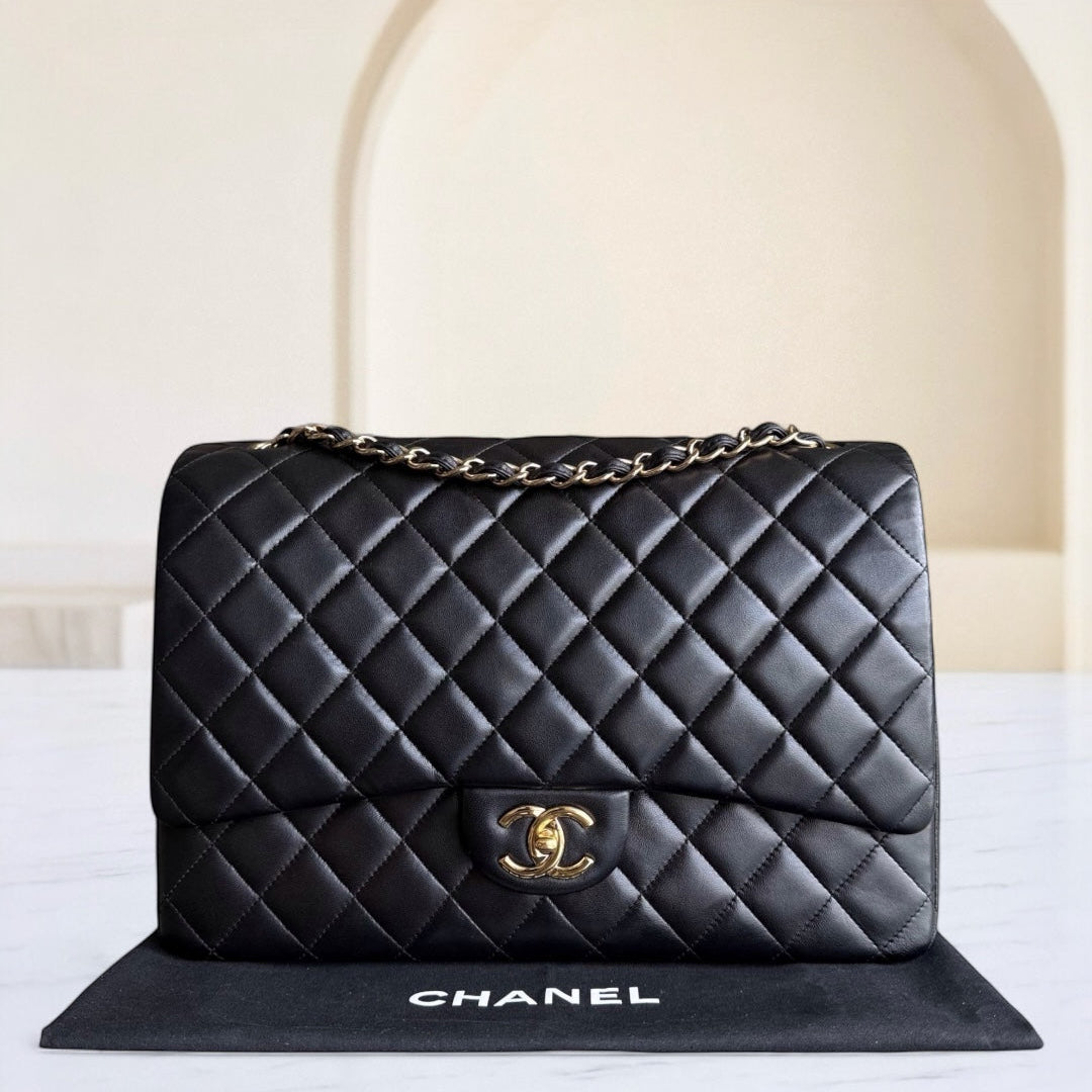Chanel Classic Flap Maxi - Double Flap Quilted Lambskin Black Gold Hardware Series 19