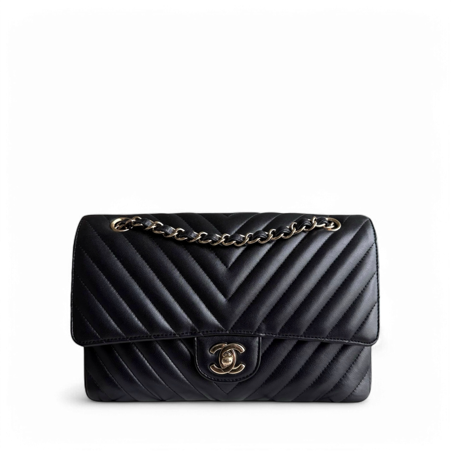 Chanel Classic Flap Medium - 25CM Chevron Lambskin Black Gold Hardware Series 25