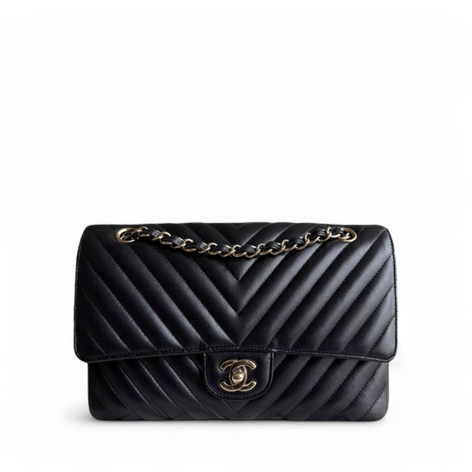Chanel Classic Flap Medium - 25CM Chevron Lambskin Black Gold Hardware Series 25