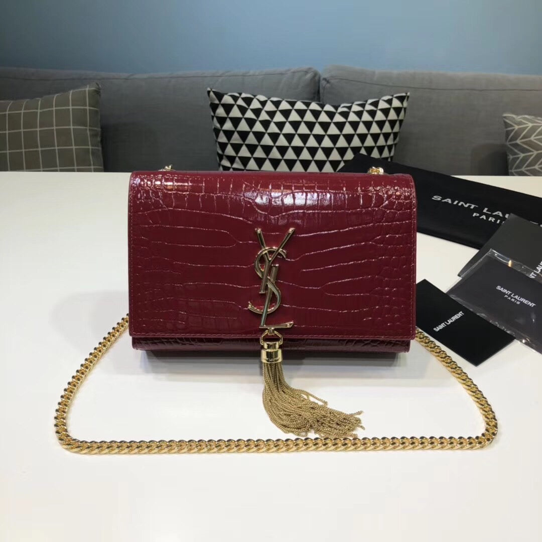 Top Quality Kate Small Chain Bag With Tassel In Embossed Burgundy For Women 7.8in/20cm YSL 