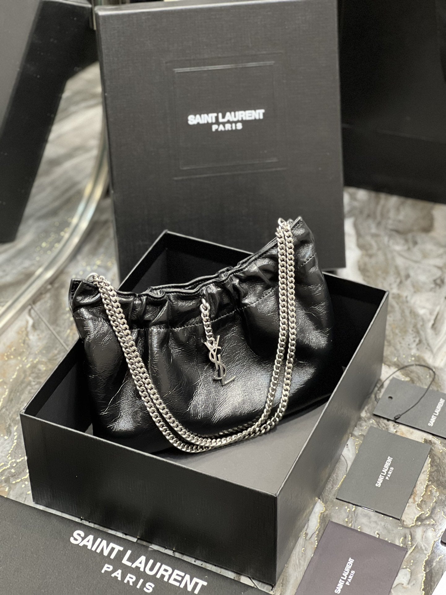 YSSL Hobo Mini Bag Black With Silver Hardware For Women 9in/24cm YSl