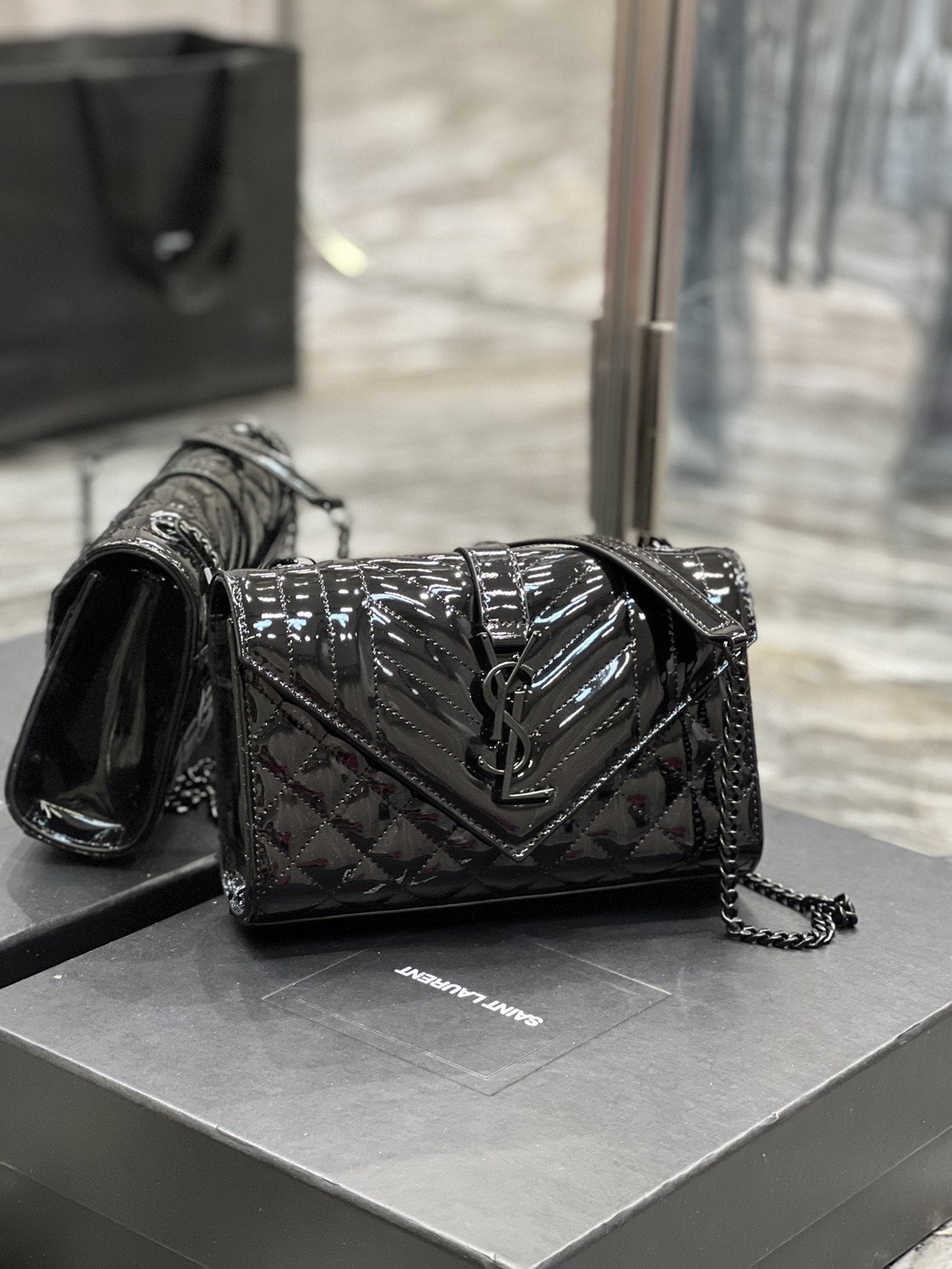 YSSL Envelope Small Bag Black In Mix Matelassé Grain De Poudre Embossed Material For Women 8in/21cm YSL