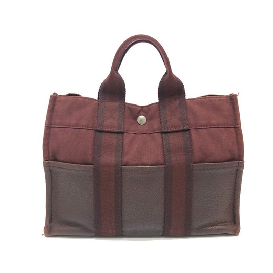 Hermes Red Color Wine Canvas Leather Handbag Tote Bag ( )