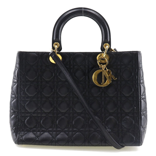 CHRISTIAN DIOR Dior Christian Lady Large Handbag Canage 2WAY Shoulder Calf Black/Gold Hardware Ladies