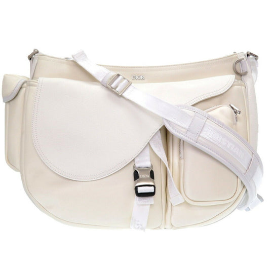 Christian Dior Dior Saddle Soft Bag Roller Coaster Leather Canvas White Shoulder