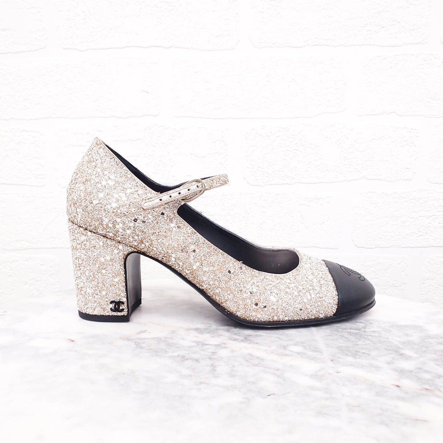 CHANEL 2023 SEQUIN MARY JANES WITH LOGO - SIZE 38