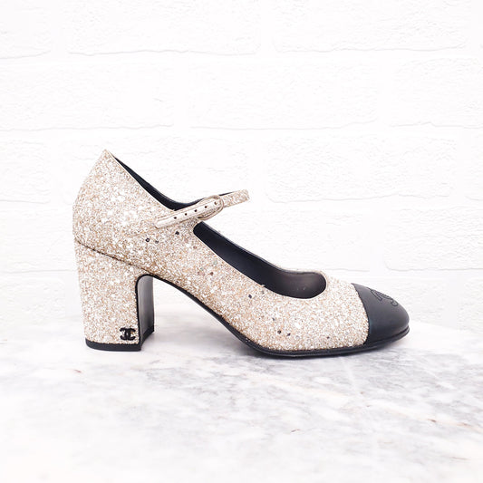 CHANEL 2023 SEQUIN MARY JANES WITH LOGO - SIZE 38