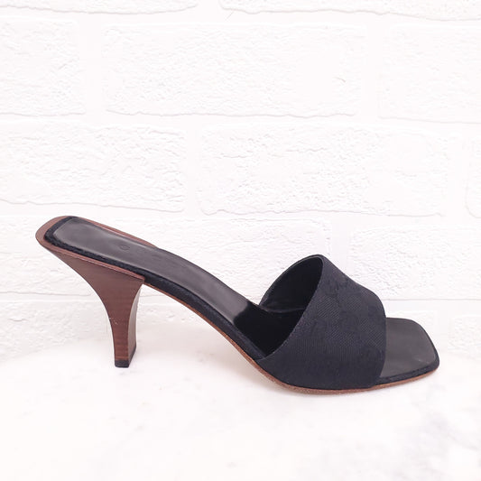 GUCCI BLACK MONOGRAM MULES WITH WOODEN HEEL - SIZE 8.5