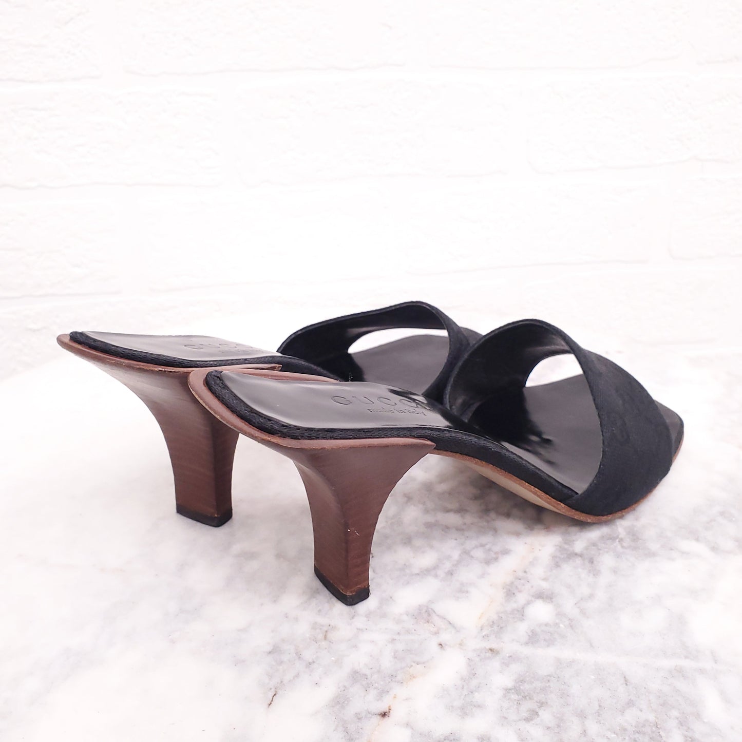 GUCCI BLACK MONOGRAM MULES WITH WOODEN HEEL - SIZE 8.5