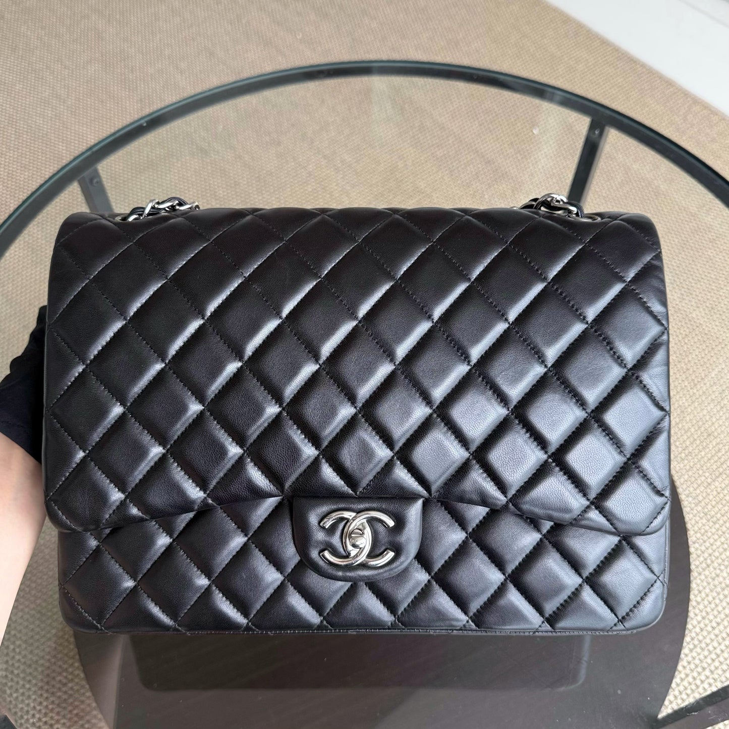 Chanel Classic Flap Maxi - Double Flap Quilted Lambskin Black Silver Hardware Series 15