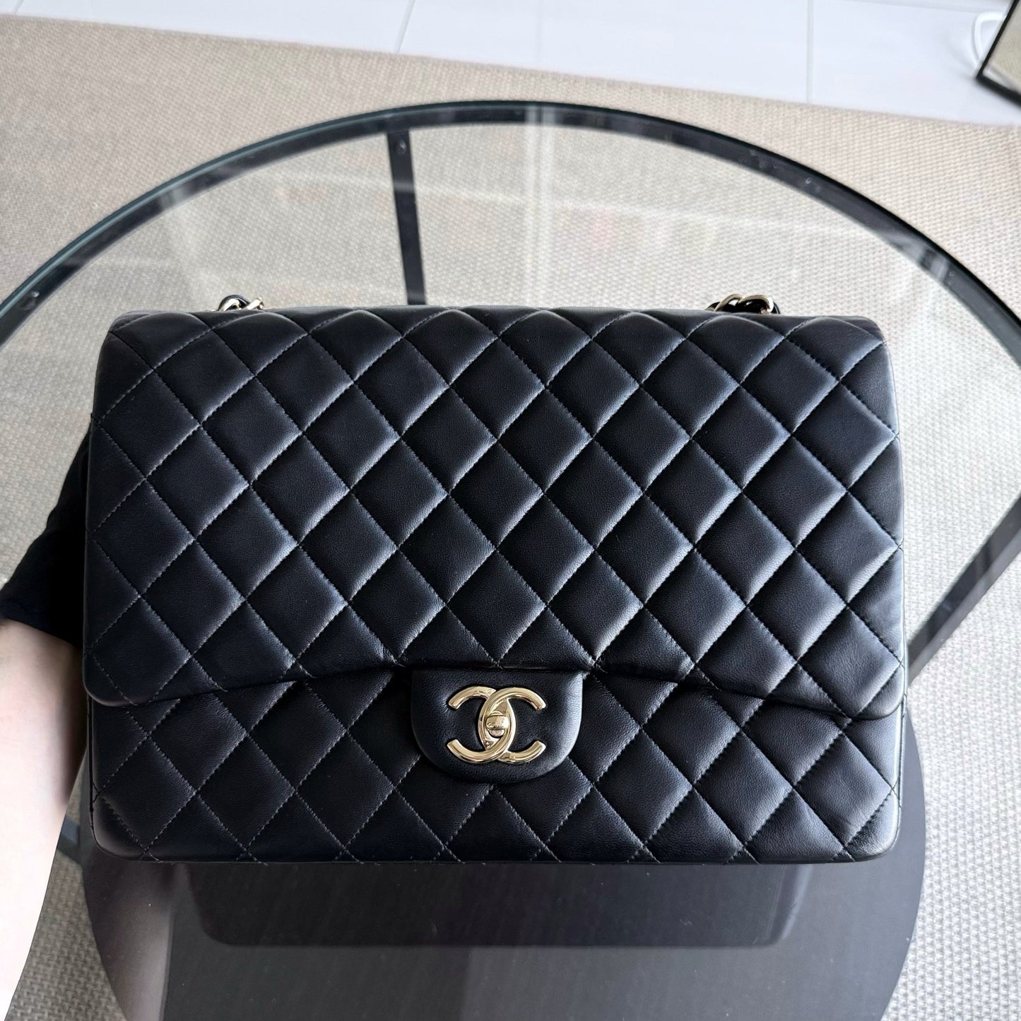 Chanel Classic Flap Maxi - Double Flap Quilted Lambskin Black Gold Hardware Series 19