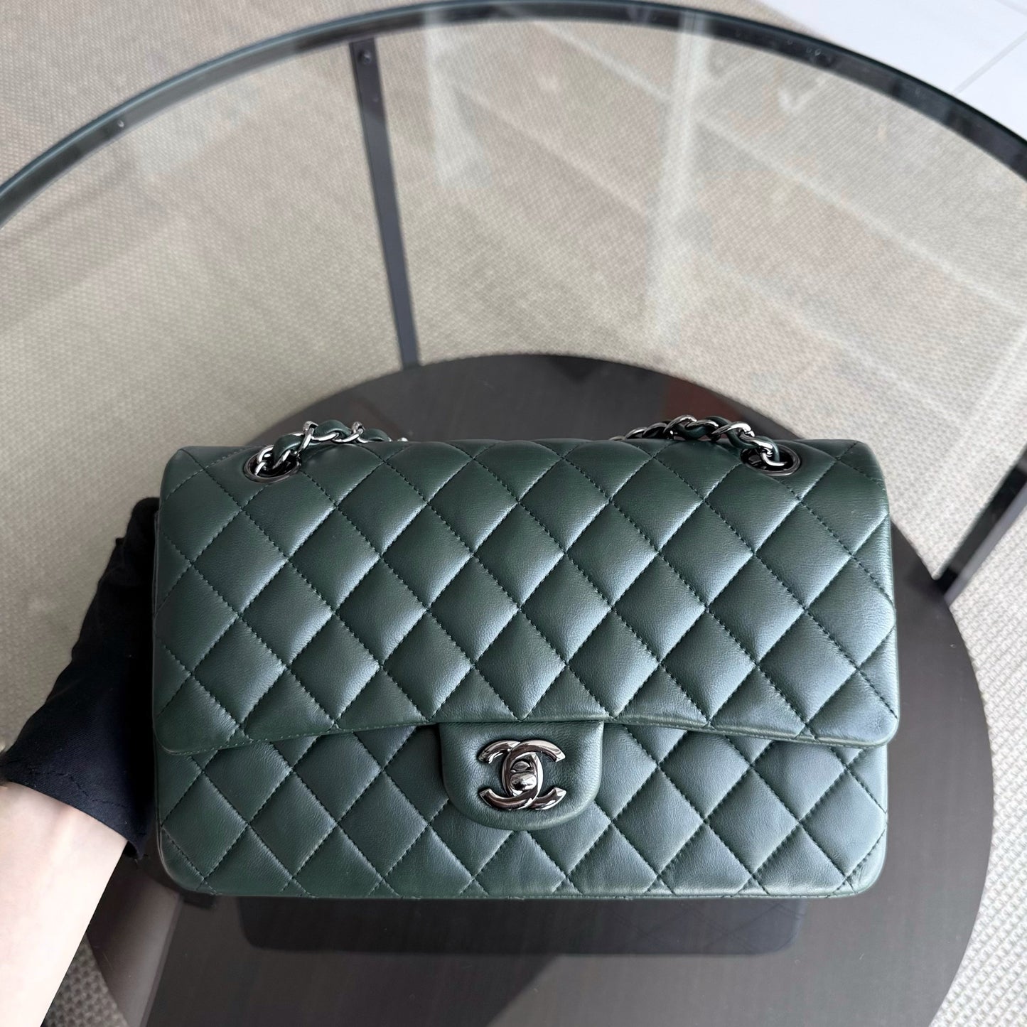 Chanel Classic Flap Medium - 25CM Quilted Lambskin Dark Green Silver Hardware Series 23