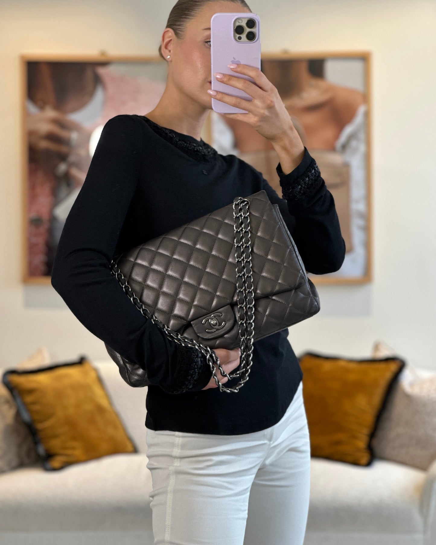 *FIRE PRICE* Chanel Bronze Metallic Classic Maxi Bag with Single Flap and Silver Hardware