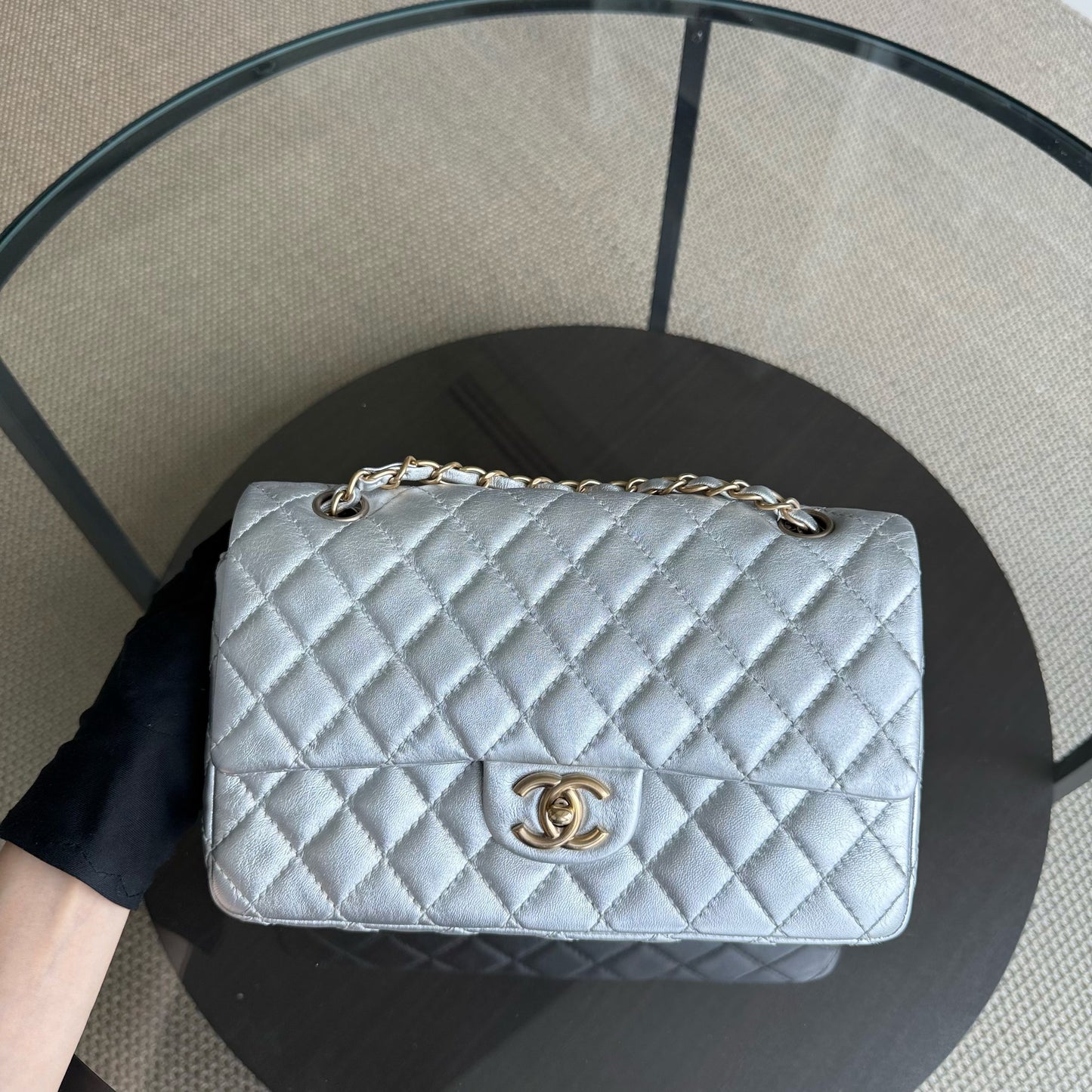 Chanel Classic Flap Medium - 25CM Quilted Lambskin Metallic Silver Gold Hardware Series 12 ( )