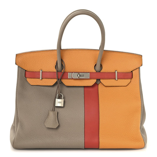 Hermes Taurillon Clemence Swift Tri-Color Birkin 35 Sanguine Gris Tourterelle Moutarde