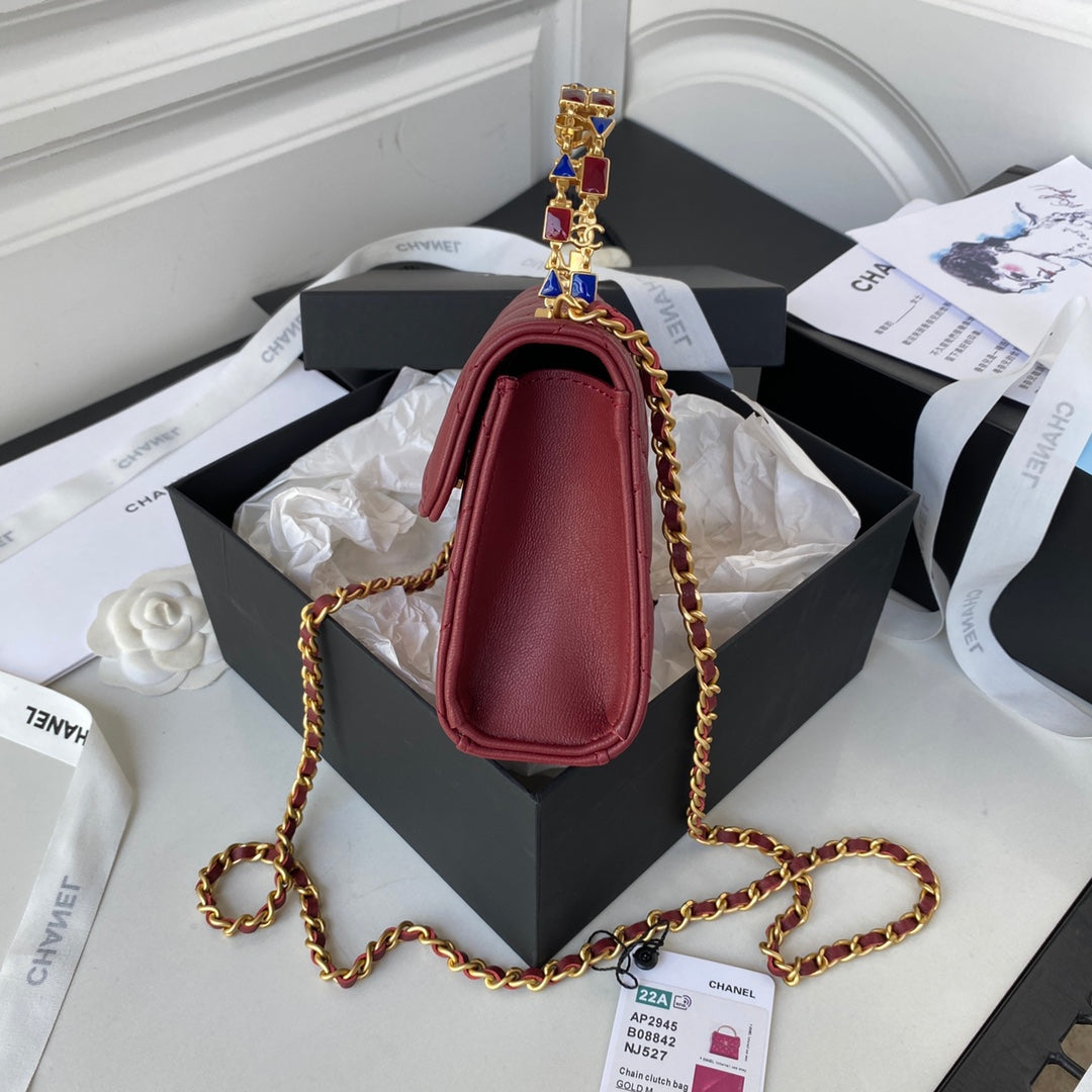 CHL Clutch With Chain Gold Hardware Red For Women Handbags, Shoulder Bags 5.7in/14.5cm