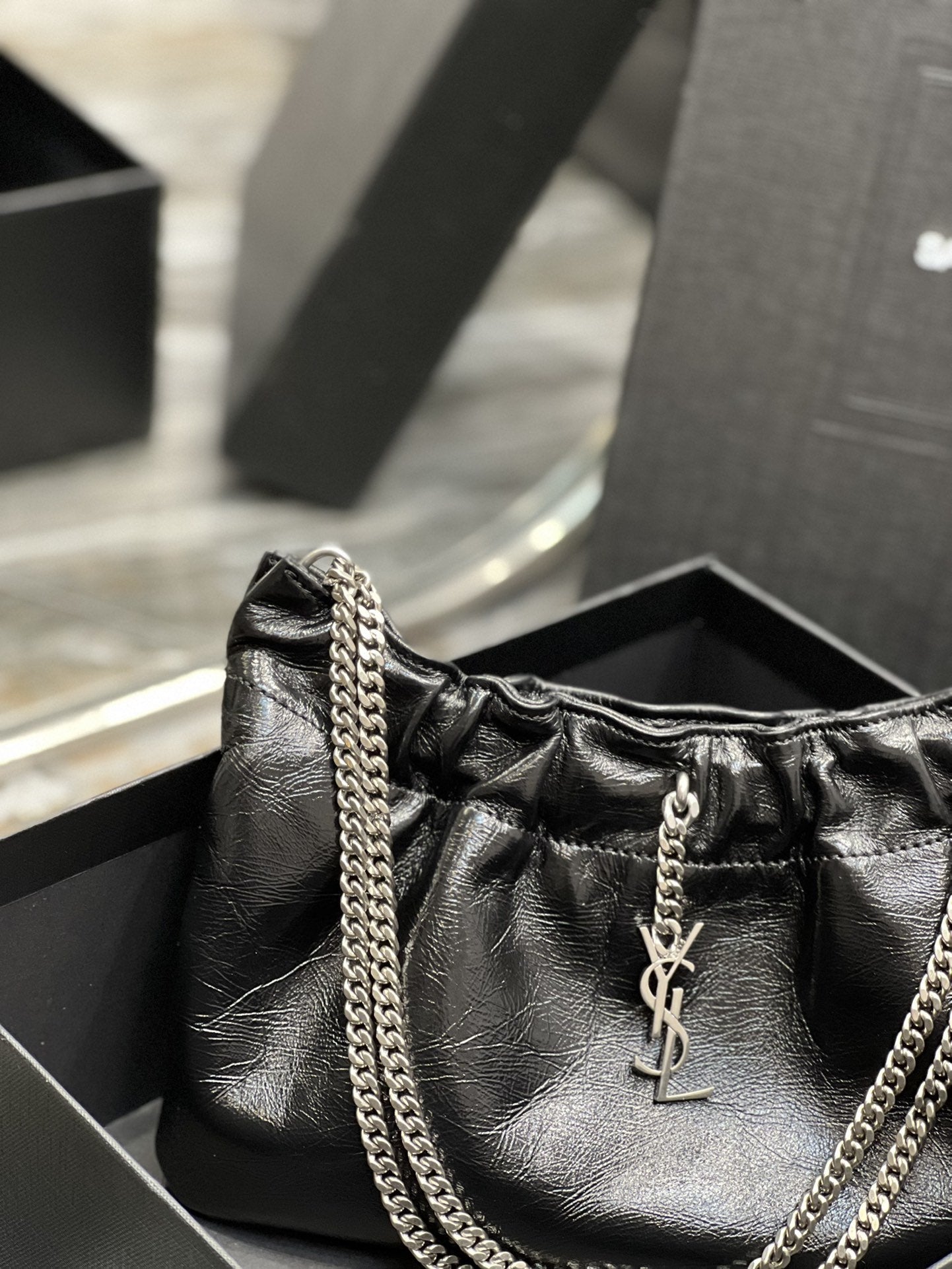 YSSL Hobo Mini Bag Black With Silver Hardware For Women 9in/24cm YSl
