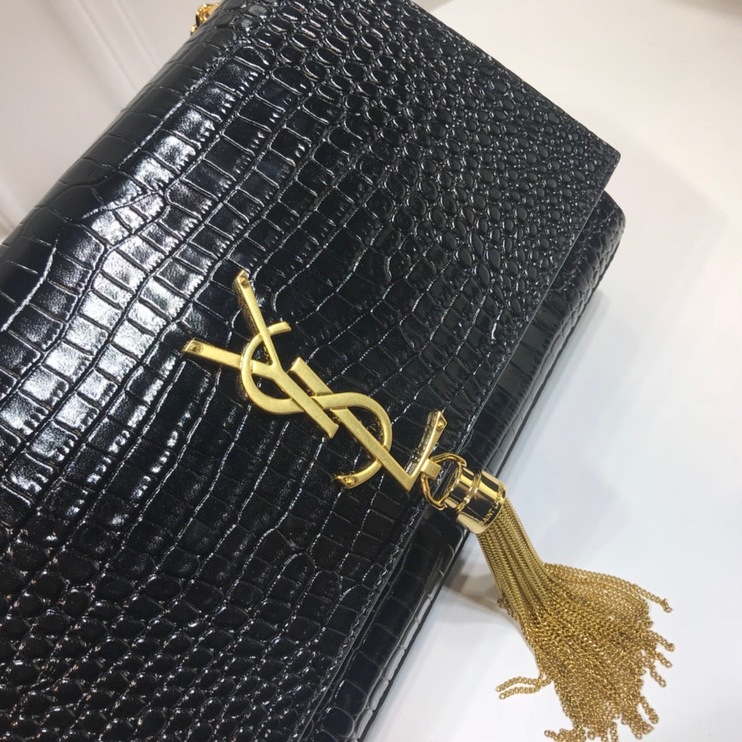 Top Quality Kate MeTop Qualityum Chain Bag With Tassel In Embossed CrocoTop Qualityle Black For Women 9.4in/24cm YSL 354119DND0J1000