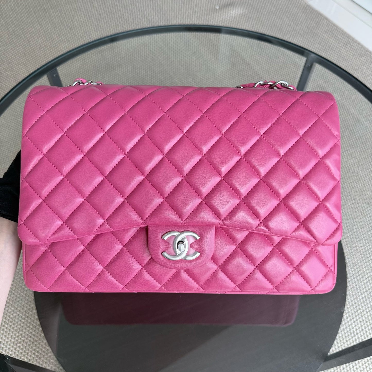 Chanel Classic Flap Maxi - Double Flap 33CM Quilted Lambskin Hot Pink Silver Hardware Series 19