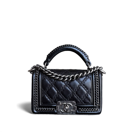 Chanel Boy Small Handle - 20CM Calfskin Chain Around Top Handle Limited Edition Black Ruthenium Silver Hardware Series 21