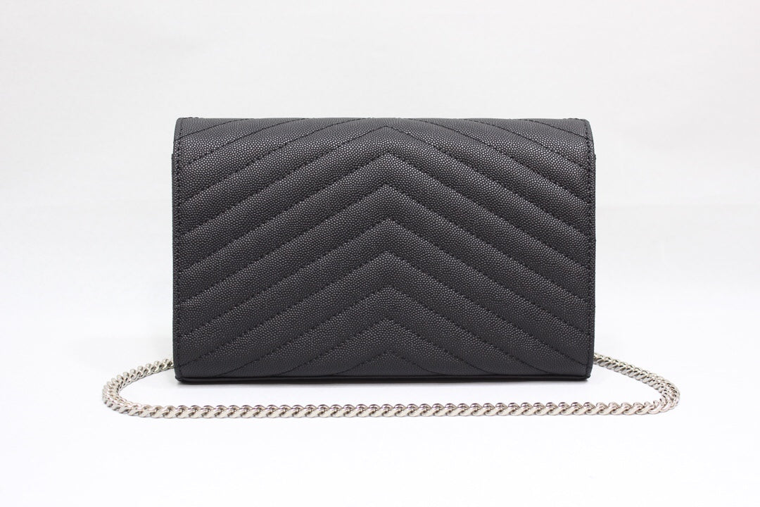 Top Quality Cassandre Matelassé Chain Wallet In Grain De Poudre Embossed Black For Women 8.8in/23cm YSL 377828BOW021000