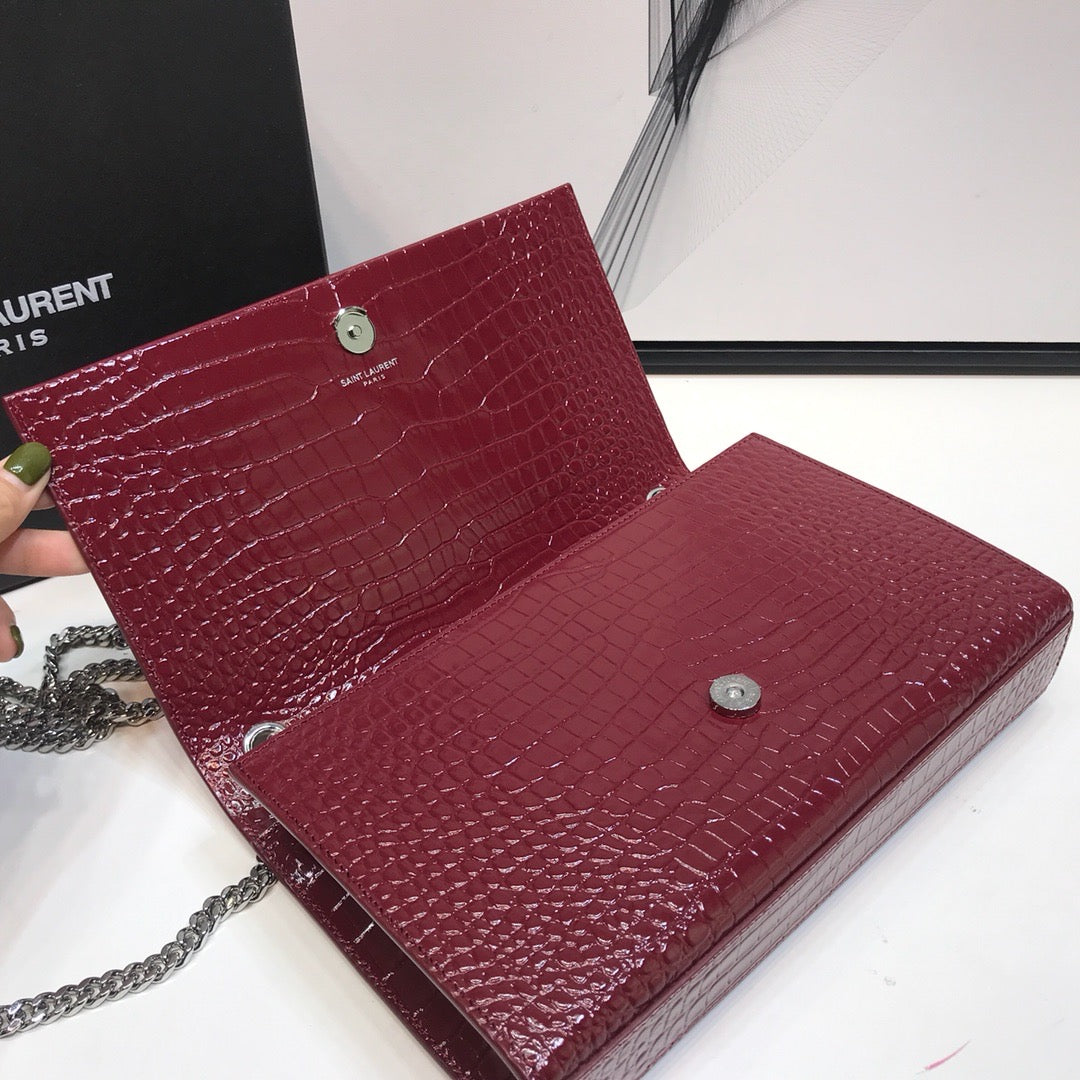 YSSL Kate Medium Chain Bag With Tassel In Embossed Crocodile Burgundy For Women 9in/24cm YSL