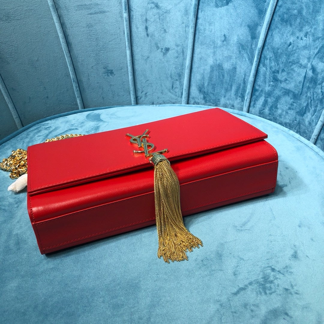 Top Quality Kate MeTop Qualityum Chain Bag With Tassel In Grain De Poudre Red For Women 9.4in/24cm YSL
