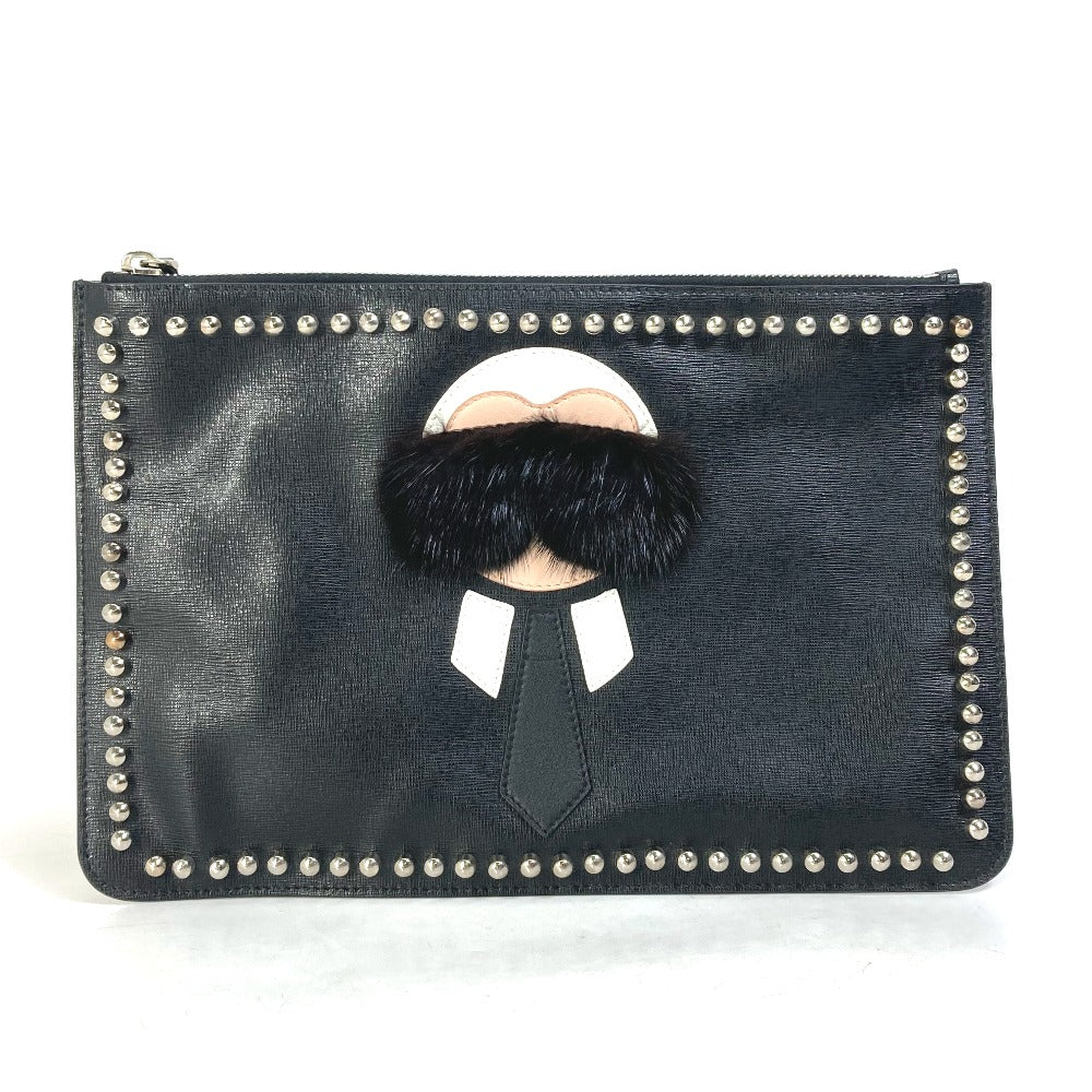 FENDI Clutch bag Leather, Fur black studded pouch Karl Lagerfeld Carlito mens