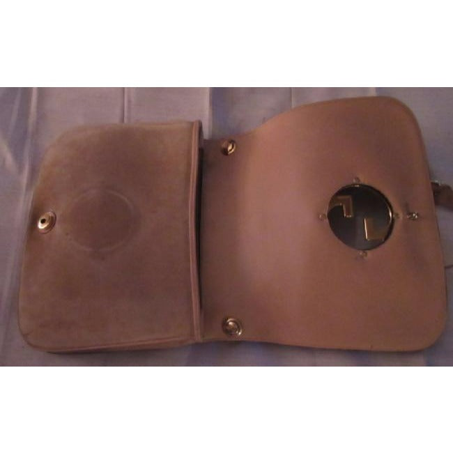 light greyish taupe suede and ivory leather, Gucci 'Blondie', saddle bag, envelope top, shoulder bag with a large, open gold 'GG' emblem