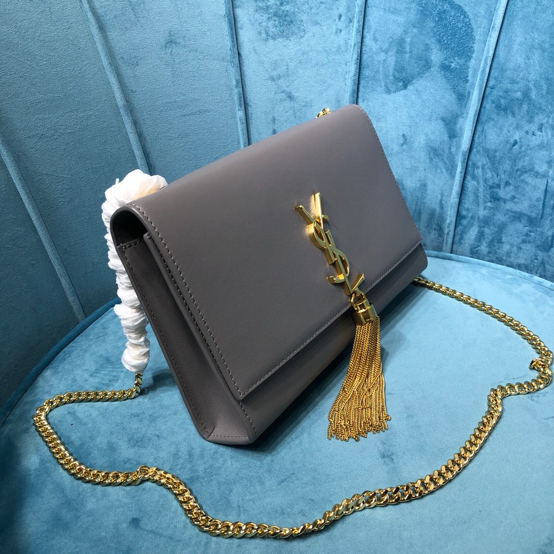 Top Quality Kate MeTop Qualityum Chain Bag With Tassel In Grain De Poudre Grey For Women 9.4in/24cm YSL