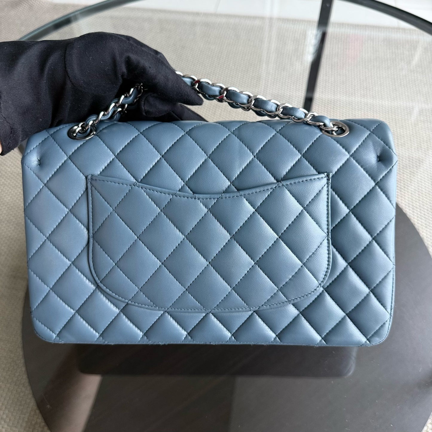 Chanel Classic Flap Medium - 25CM Quilted Lambskin Haze Blue Silver Hardware & Balance of Chanel PST RED