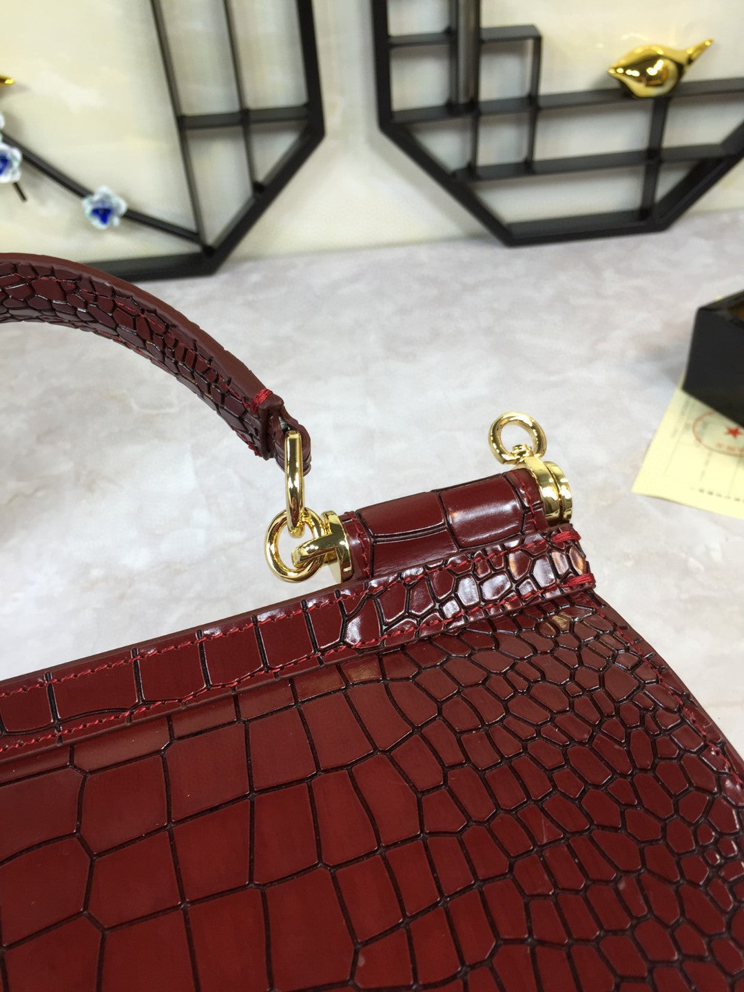 Top Quality Medium Sicily Bag In Foiled Crocodile-Print Burgundy For Women 10.2in/26cm Top Quality