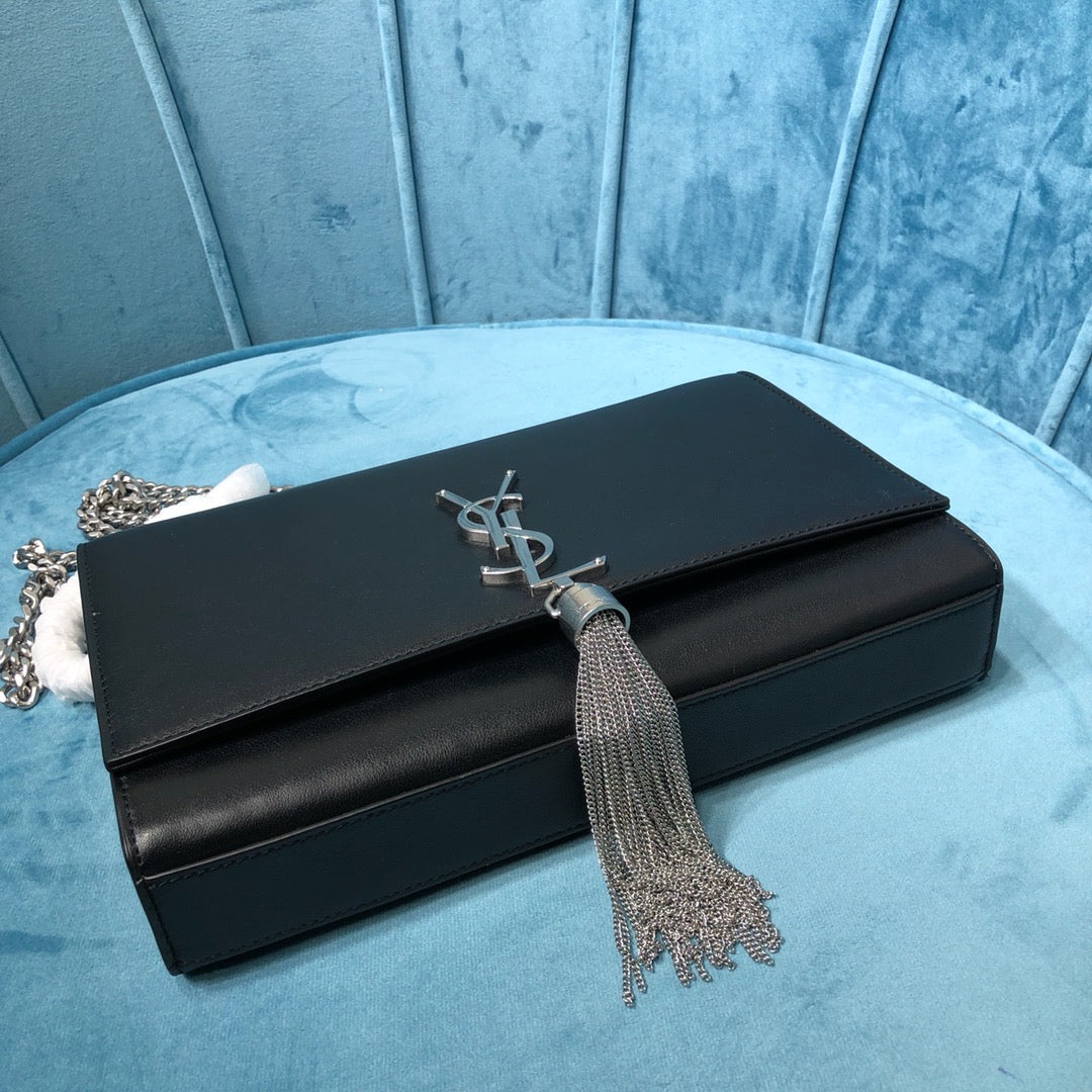 Top Quality Kate MeTop Qualityum Chain Bag With Tassel In Grain De Poudre Black For Women 9.4in/24cm YSL 354119BOW0N1000