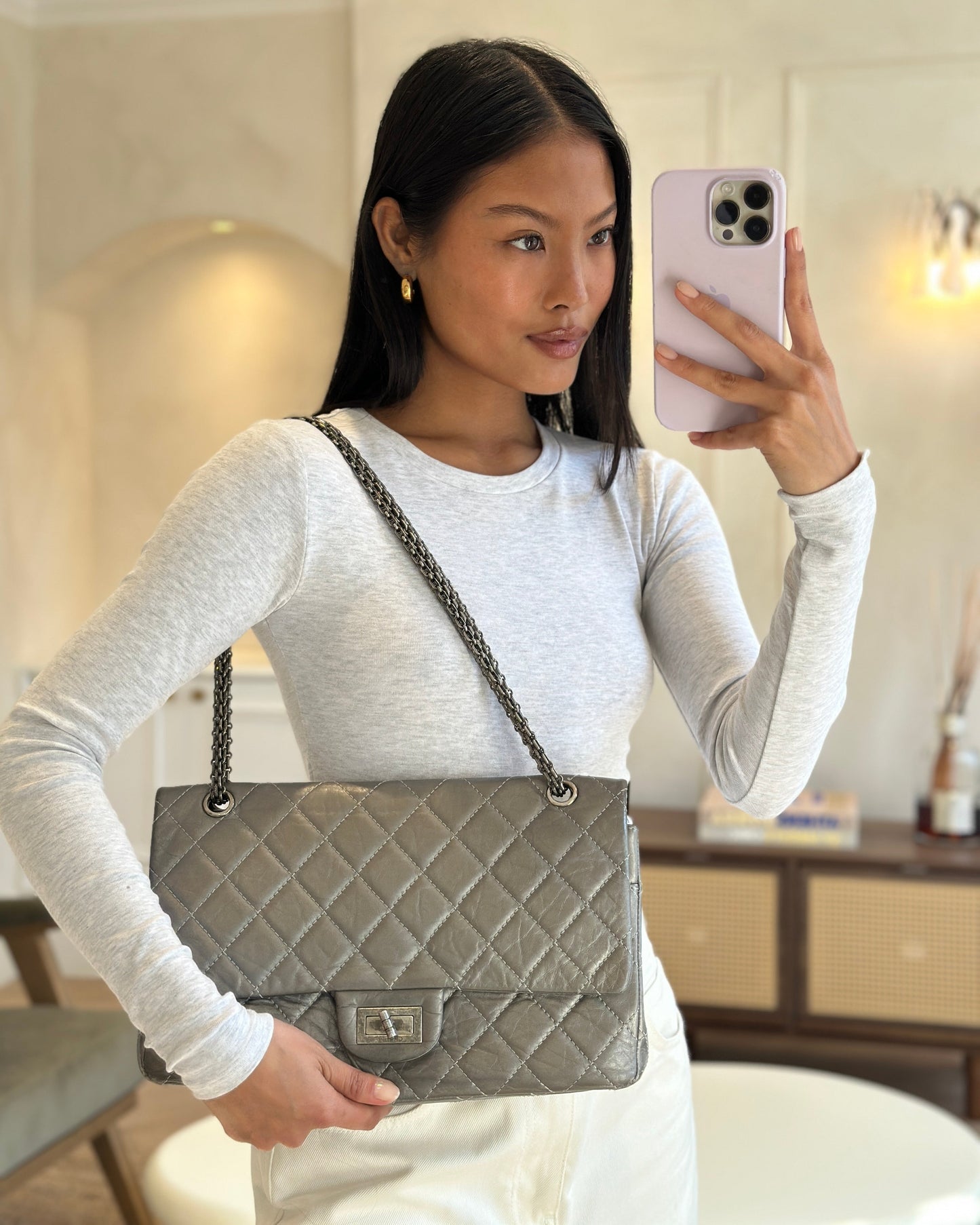 *FIRE PRICE* Chanel 2.55 Jumbo Reissue Bag in Metallic Grey Crumpled Calfskin Leather With Gunmetal Hardware