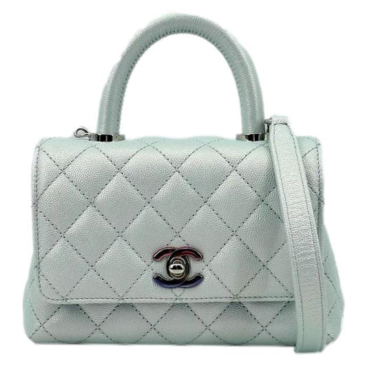 CHANEL Coco Extra Mini Top Handle Iridescent Caviar Leather Crossbody Bag Light Blue