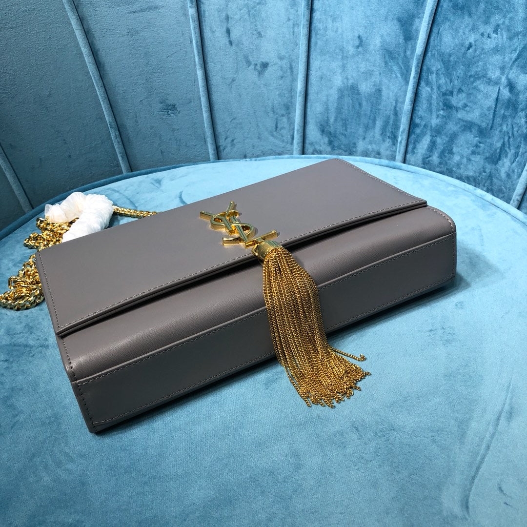 Top Quality Kate MeTop Qualityum Chain Bag With Tassel In Grain De Poudre Grey For Women 9.4in/24cm YSL