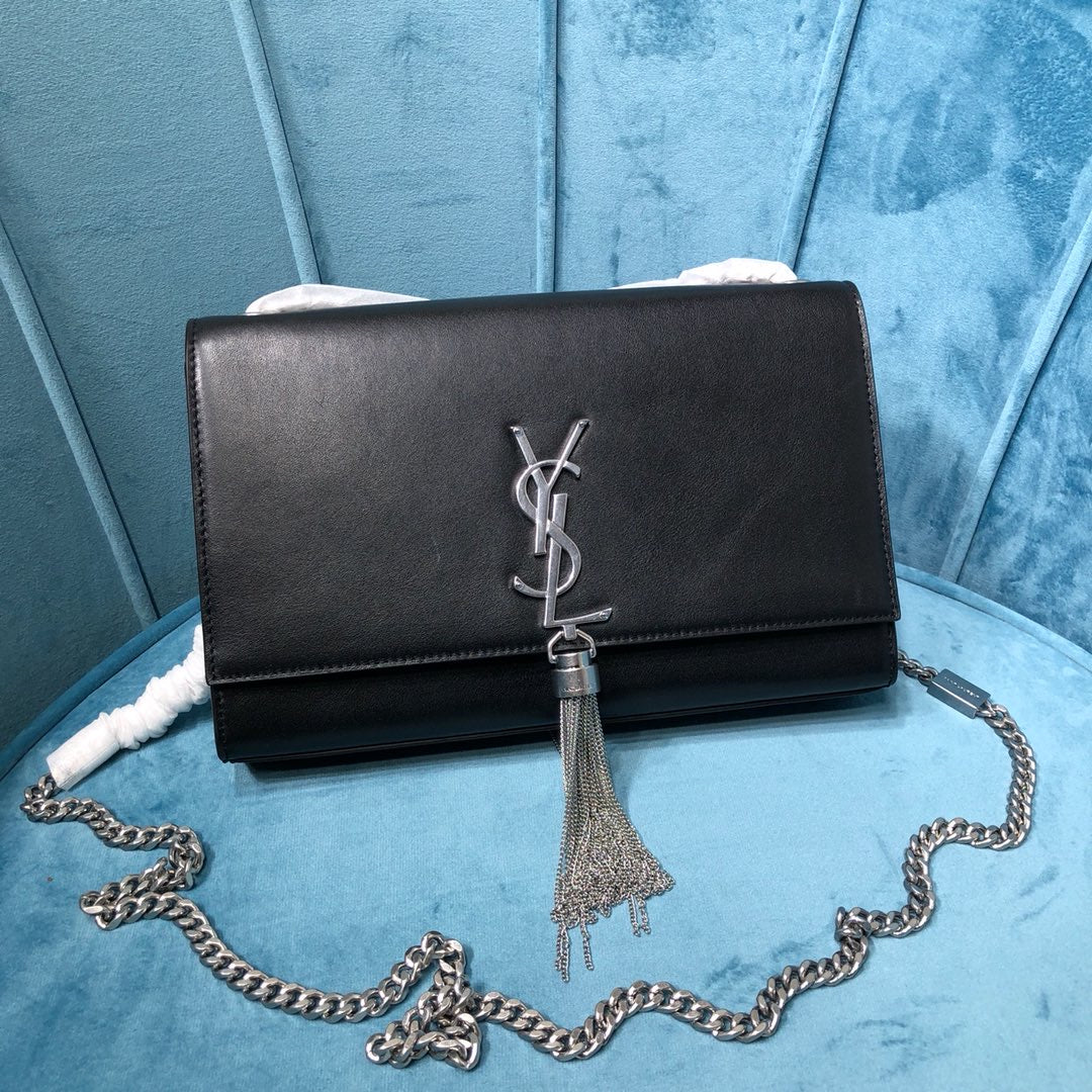 Top Quality Kate MeTop Qualityum Chain Bag With Tassel In Grain De Poudre Black For Women 9.4in/24cm YSL 354119BOW0N1000